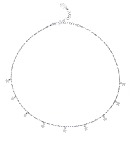 Delicate Chain with Stars Made with Silver Rhodium on 925 Sterling Silver base. 40.5 cm with adjustable length. 9 floating sparkly stars.