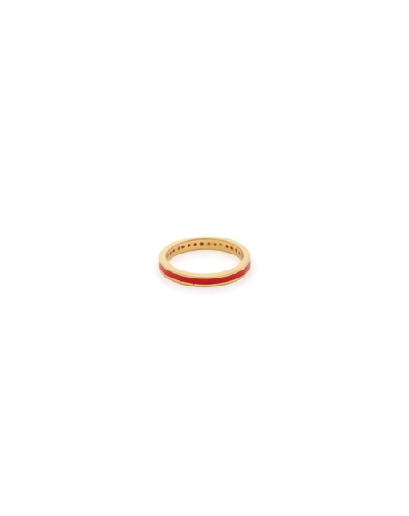 Red Enamel and Gold Ring Band Made with 2.5 Microns of 18K Gold Vermeil on 925 Sterling Silver with Anti-Tarnishl. Band is 2.7mm wide with glass-free coloured enamel in the middle. Comes in ring sizes 6, 7 and 8.