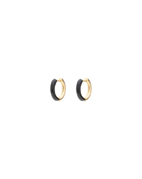 Two-tone Gold and Black Enamel Huggie Earrings Made with 2.5 Microns of 18K Gold Vermeil on 925 Sterling Silver and Glass-free Enamel. 2.5mm thickness and 9.55mm round with click-on snap clasp.