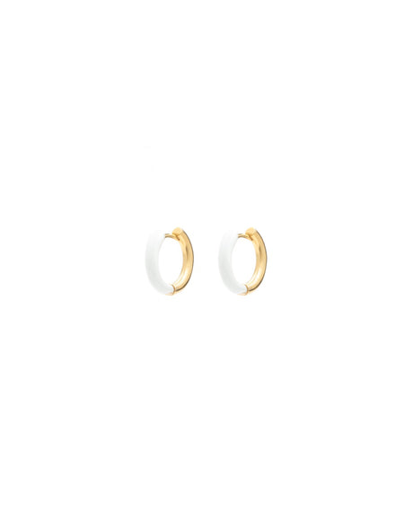 Two-tone Gold and White Enamel Huggie Earrings Made with 2.5 Microns of 18K Gold Vermeil on 925 Sterling Silver and Glass-free Enamel. 2.5mm thickness and 9.55mm round with click-on snap clasp.