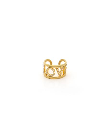 Ring with "Love" letters in 18k Gold Plated on 925 Sterling Silver with white Cubic Zirconia. Open ended for custom sizing, 10mm width.