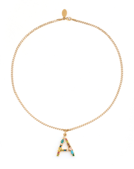 Curb Chain Necklace Made with 18K Gold Vermeil on 925 Sterling Silver with Anti-Tarnish, 40.5 cm in length with 2.3mm in width with lobster clasp, featuring multi-coloured Cubic Zirconia detailing on the pendant, 22mm pendant.