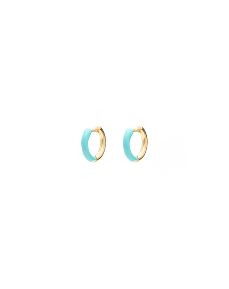 Two-tone Gold and Turquoise Enamel Huggie Earrings Made with 2.5 Microns of 18K Gold Vermeil on 925 Sterling Silver and Glass-free Enamel. 2.5mm thickness and 9.55mm round with click-on snap clasp.