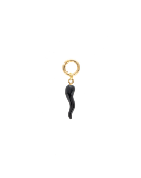Large Black Lucky Horn Pendant Made with 2.5 Microns of 18K Gold Vermeil on 925 Sterling Silver and Enamel. 23mm pendant with adjustable clasp to be added to any bracelet/necklace.