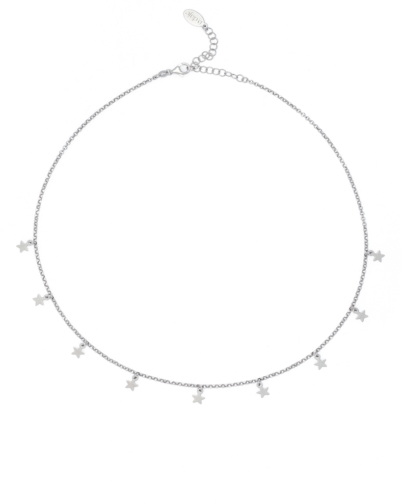 Delicate Chain with Stars Made with Silver Rhodium on 925 Sterling Silver base. 40.5 cm with adjustable length. 9 floating sparkly stars.