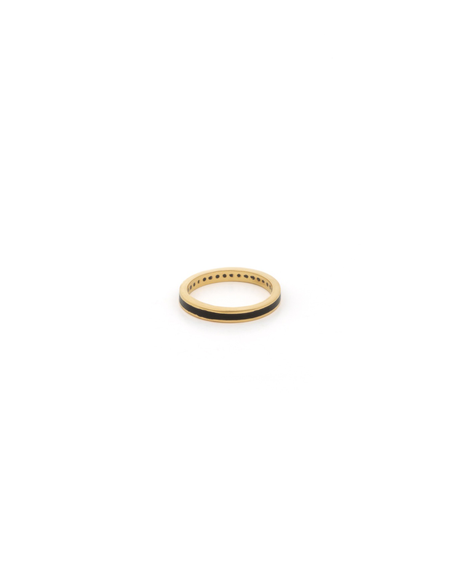 Black Enamel and Gold Ring Band Made with 2.5 Microns of 18K Gold Vermeil on 925 Sterling Silver with Anti-Tarnish. Band is 2.7mm wide with glass-free coloured enamel in the middle. Comes in ring sizes 6, 7 and 8.