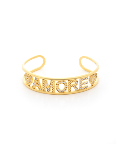 Bangle with "Amore" letters in 18k Gold Plated on 925 Sterling Silver with white Cubic Zirconia. Open ended for custom sizing, 10mm width.