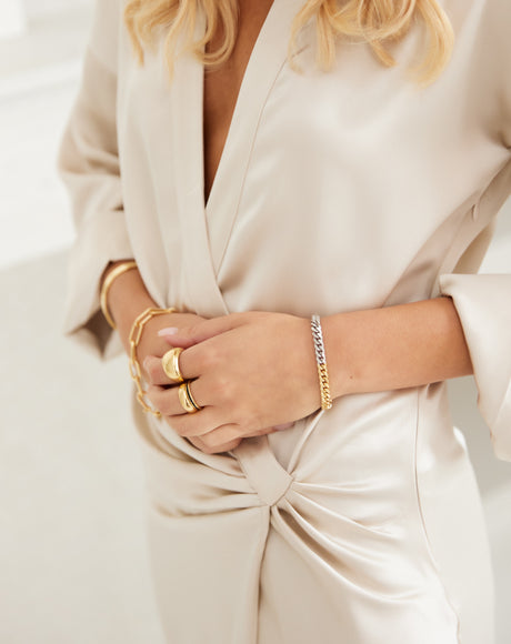 Model wearing our Two Tone Gold and Silver Mezza Navona Bracelet