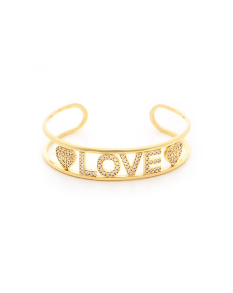 Bangle with "Love" letters in 18k Gold Plated on 925 Sterling Silver with white Cubic Zirconia. Open ended for custom sizing, 10mm width.