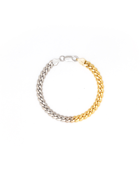 Two-tone Gold and Silver Cuban Style Chain Bracelet Made with 2.5 Microns of 18K Gold Vermeil on 925 Sterling Silver with Anti-Tarnish and Rhodium on Sterling Silver. Comes in two sizes 17cm and 18cmcm length, 6mm width with lobster clasp.