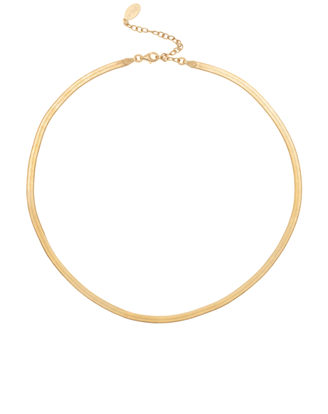 Gold Herringbone Liquid Gold Necklace with 2.5 Microns of 18k Gold Vermeil on 925 Sterling Silver with Anti Tarnish. 4.6mm or 3.5mm wide and 46.5cm or 46cm long. Lobster clasp and includes extention to adjust overall length.