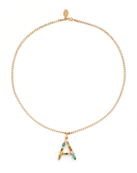 Curb Chain Necklace Made with 18K Gold Vermeil on 925 Sterling Silver with Anti-Tarnish, 40.5 cm in length with 2.3mm in width with lobster clasp, featuring multi-coloured Cubic Zirconia detailing on the pendant, 22mm pendant. 