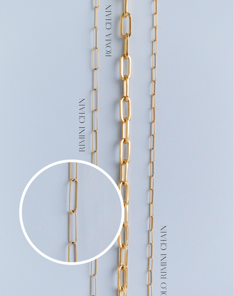 Styled product photography for the Rimini Chain, the Roma Chain, and the Piccolo Rimini Chains.