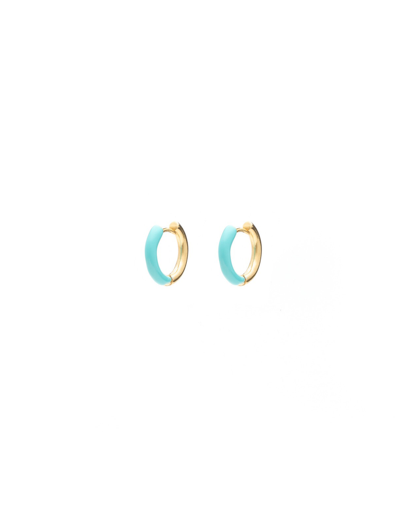 Two-tone Gold and Turquoise Enamel Huggie Earrings Made with 2.5 Microns of 18K Gold Vermeil on 925 Sterling Silver and Glass-free Enamel. 2.5mm thickness and 9.55mm round with click-on snap clasp.