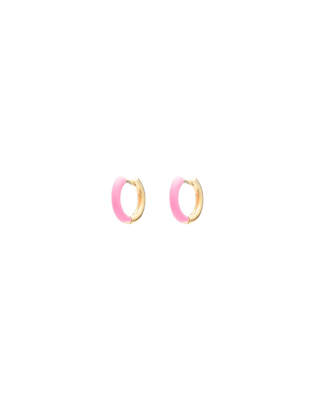 Two-tone Gold and Pink Enamel Huggie Earrings Made with 2.5 Microns of 18K Gold Vermeil on 925 Sterling Silver and Glass-free Enamel. 2.5mm thickness and 9.55mm round with click-on snap clasp.