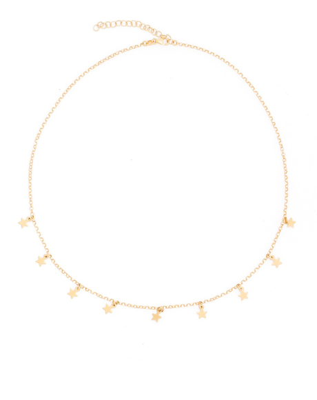 Delicate Chain with Stars Made with 2.5 Microns of 18K Gold Vermeil on 925 Sterling Silver with Anti-Tarnish. 40.5 cm with adjustable length. 9 floating sparkly stars.