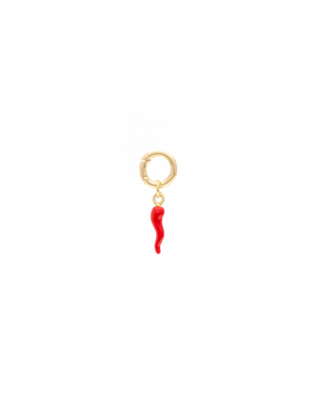 Small Red Lucky Horn Pendant Made with 2.5 Microns of 18K Gold Vermeil on 925 Sterling Silver with Anti-Tarnish. 14mm pendant with moveable clasp to add to any necklace/bracelet